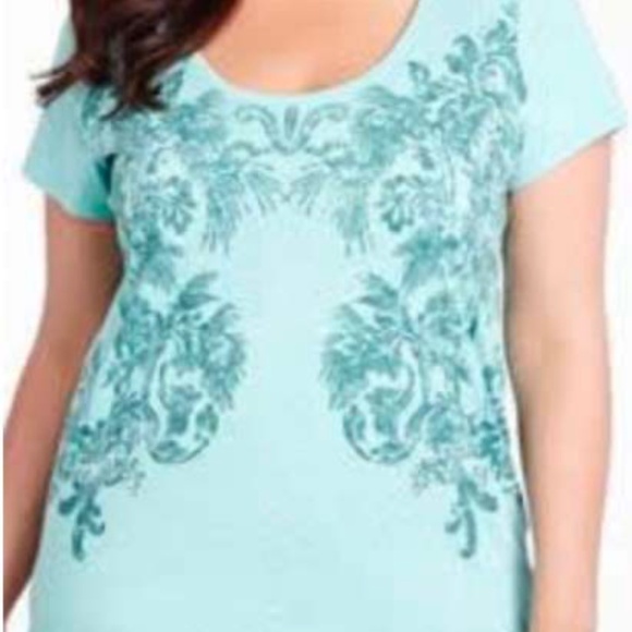 NEW PHOTOS! T-SHIRT, SEQUIN ACCENTS, POOL BLUE (Aqua), SIZE 4X, SCOOP NECK, SHOR - Picture 1 of 10
